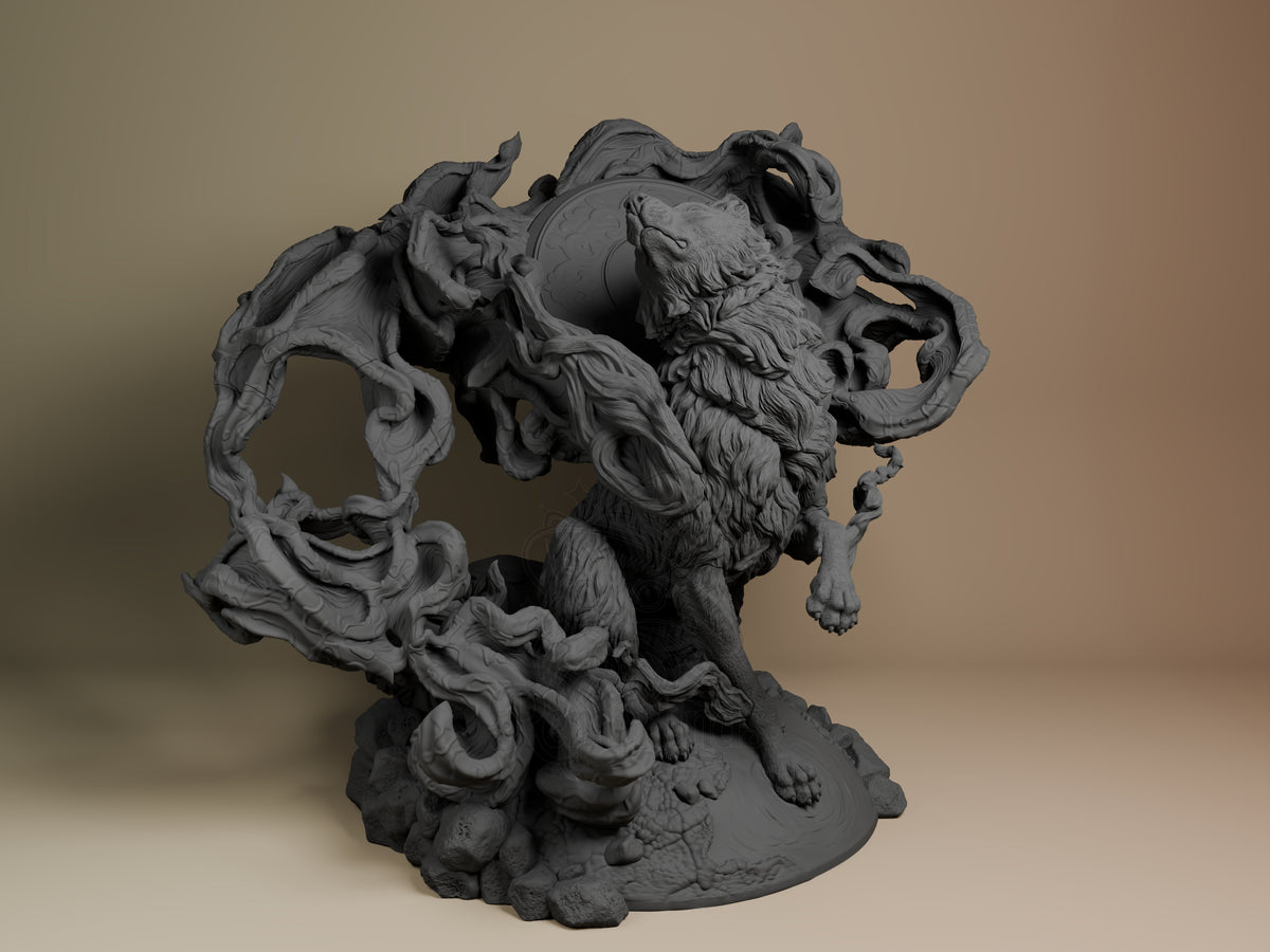 Amaterasu resin figure from Okami, unpainted gray, front view showing dynamic pose with flowing hair and celestial details on rocky base.