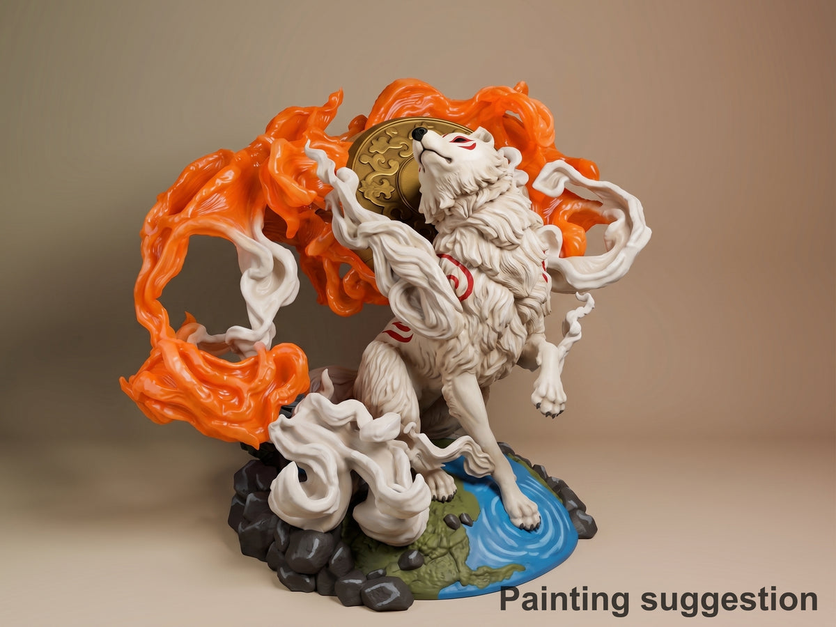 Amaterasu resin figure from Okami shown from front-left angle, white body with orange flames, holding golden mirror, on rocky base with blue water detail.