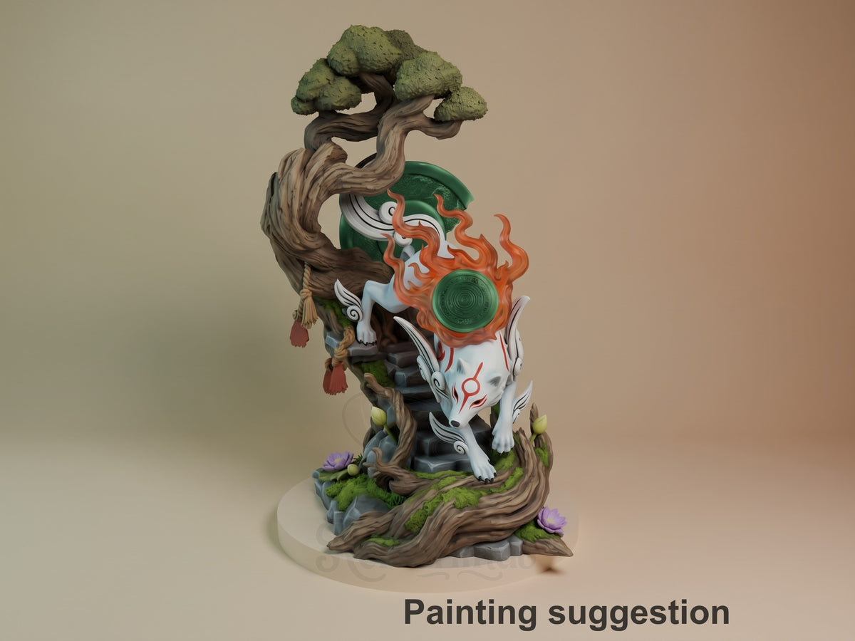 Three-quarter painted Amaterasu from Okami resin figure shows a wolf and sculpted tree base.