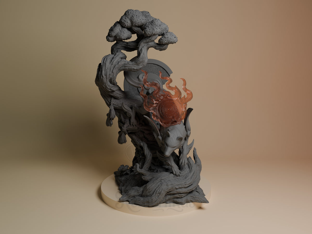 Front view of Amaterasu from Okami resin figure, unpainted with a fiery disk and sculpted tree base.