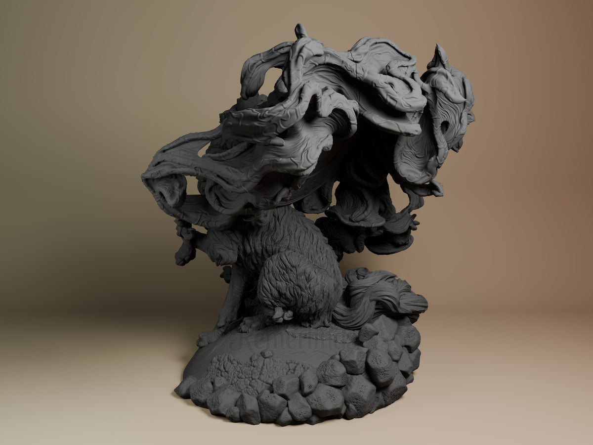 Amaterasu resin figure from Okami shown from left angle, unpainted gray, featuring the wolf character with flowing hair and celestial forms rising from base, detailed craftsmanship visible.
