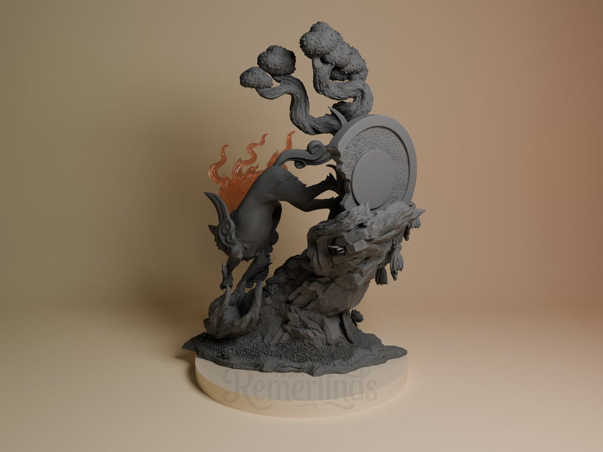 Amaterasu from Okami is a side-view unpainted resin figure with flames and a sculpted base.