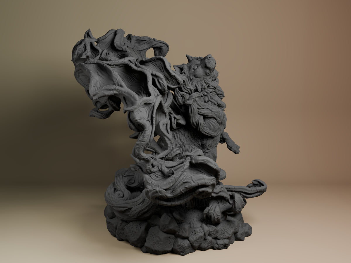 Amaterasu resin figure from Okami shown from right angle, unpainted gray, mid-leap pose with flowing mane details, rocky cloud base.