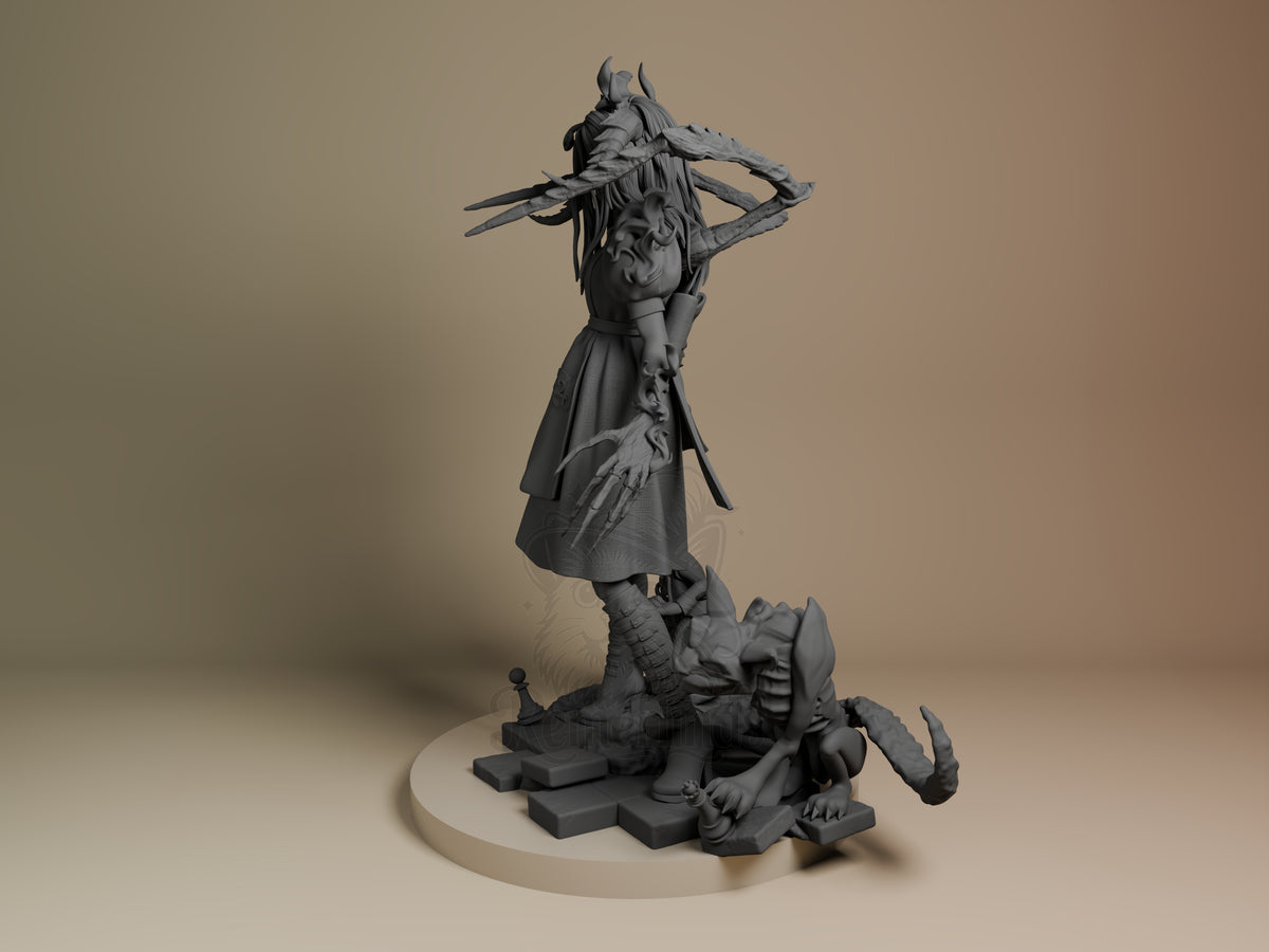 Alice resin figure in dynamic pose holding scissors aloft, standing over fallen enemy, unpainted gray finish on circular base, angled view.