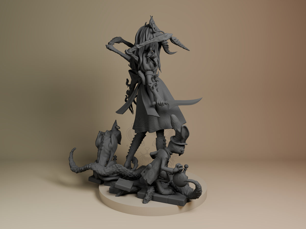 Alice resin figure from behind, standing on base with demon creatures, holding axe and scythe aloft, unpainted gray resin detail.