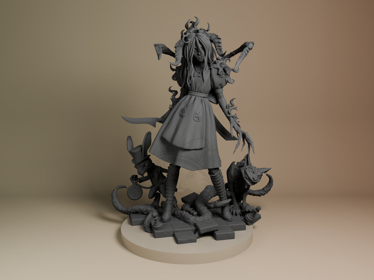 Unpainted resin figure of Alice from American McGee's Alice, front view, multi-armed pose with weapons, demonic creatures at base, on cream circular base.