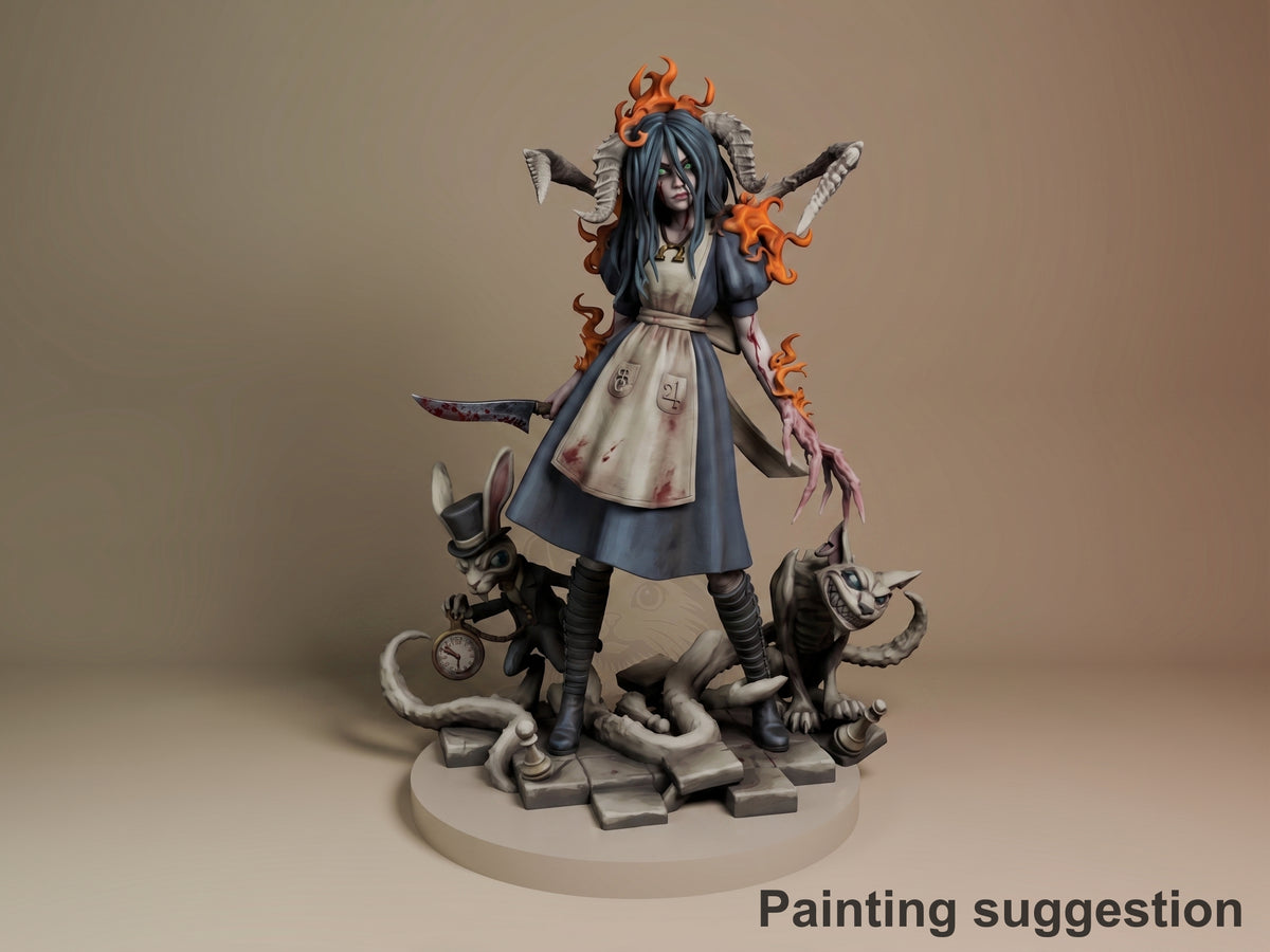 Alice resin figure in painted blue dress with orange flame hair, wielding weapons, surrounded by demonic creatures on oval base.