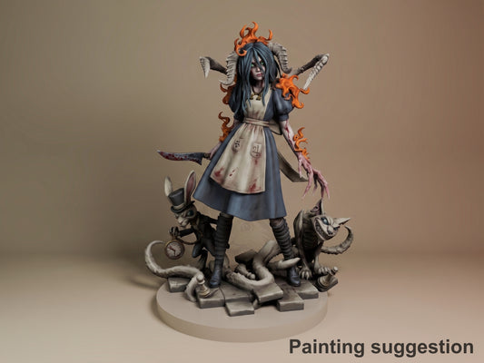 Alice resin figure in painted blue dress with orange flame hair, wielding weapons, surrounded by demonic creatures on oval base.