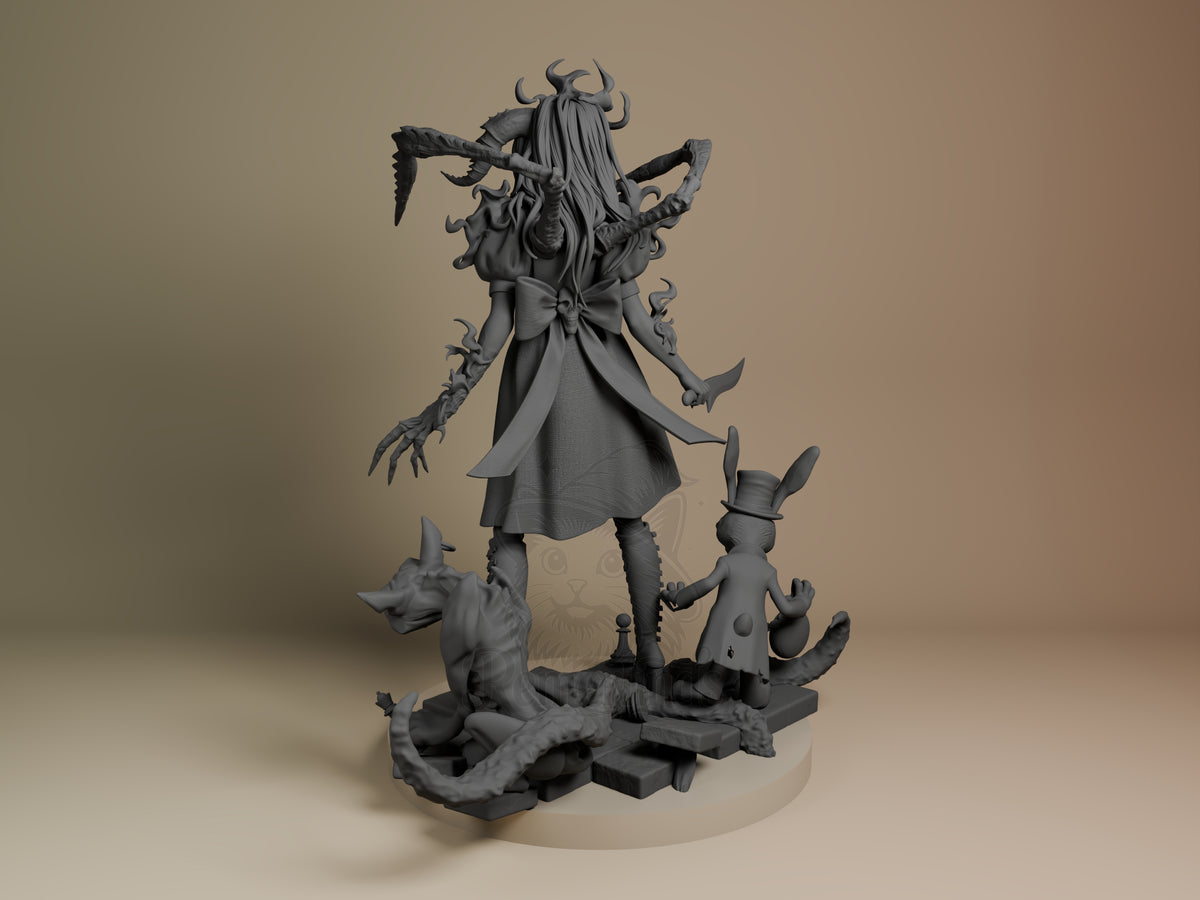 3D printed resin figure of Alice from American McGee's Alice, shown from left side angle standing on base with companion creatures, unpainted gray finish.