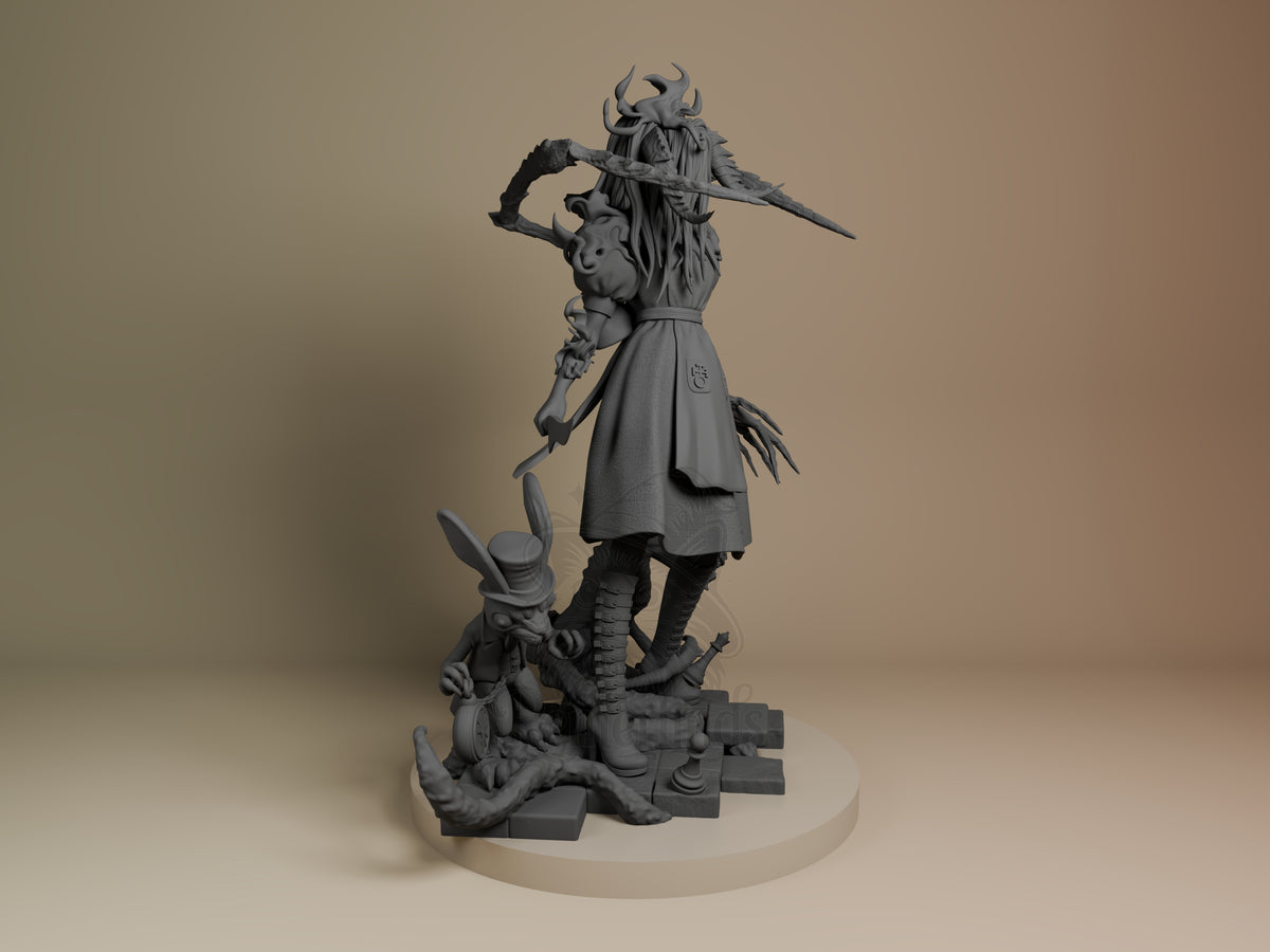Alice resin figure shown from right side, unpainted gray, wielding spear above demonic base with horned creatures, wearing dress coat.
