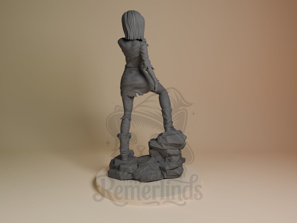 Back view of Silver Cyborg from Dragon Sphere Y, an unpainted resin figure on a sculpted rock base.