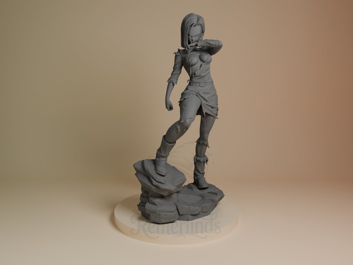 Front view of Silver Cyborg from Dragon Sphere Y, an unpainted resin figure posed on a sculpted rocky base.