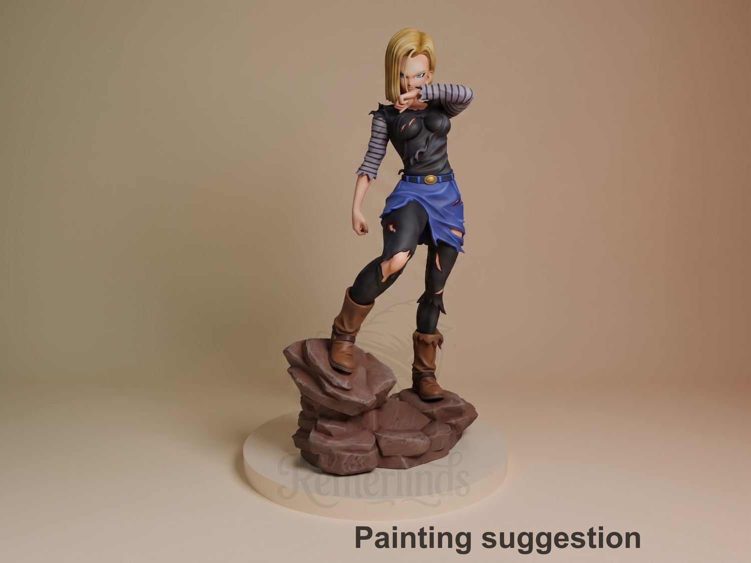 Painted Silver Cyborg resin figure from Dragon Sphere Y poses on a sculpted rock base.