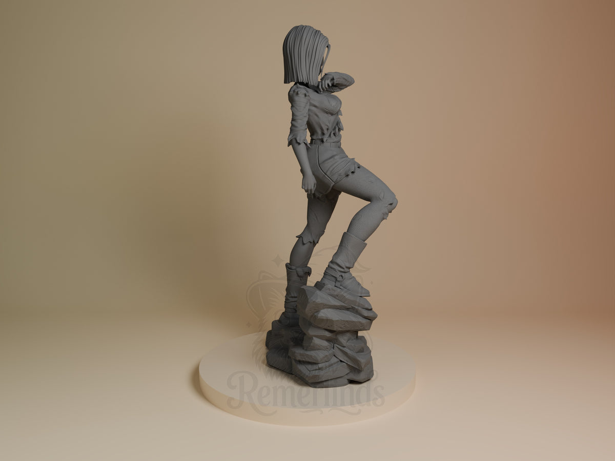 Silver Cyborg from Dragon Sphere Y, a gray unpainted resin figure, poses on a sculpted rocky base.