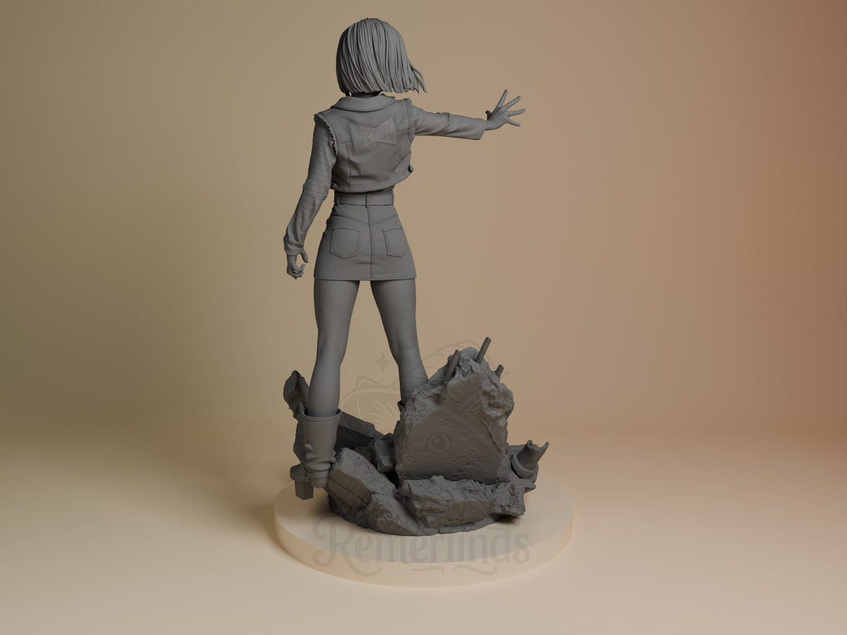 Back view of Silver Cyborg from Dragon Sphere Y, an unpainted resin figure with one arm extended on a sculpted base.