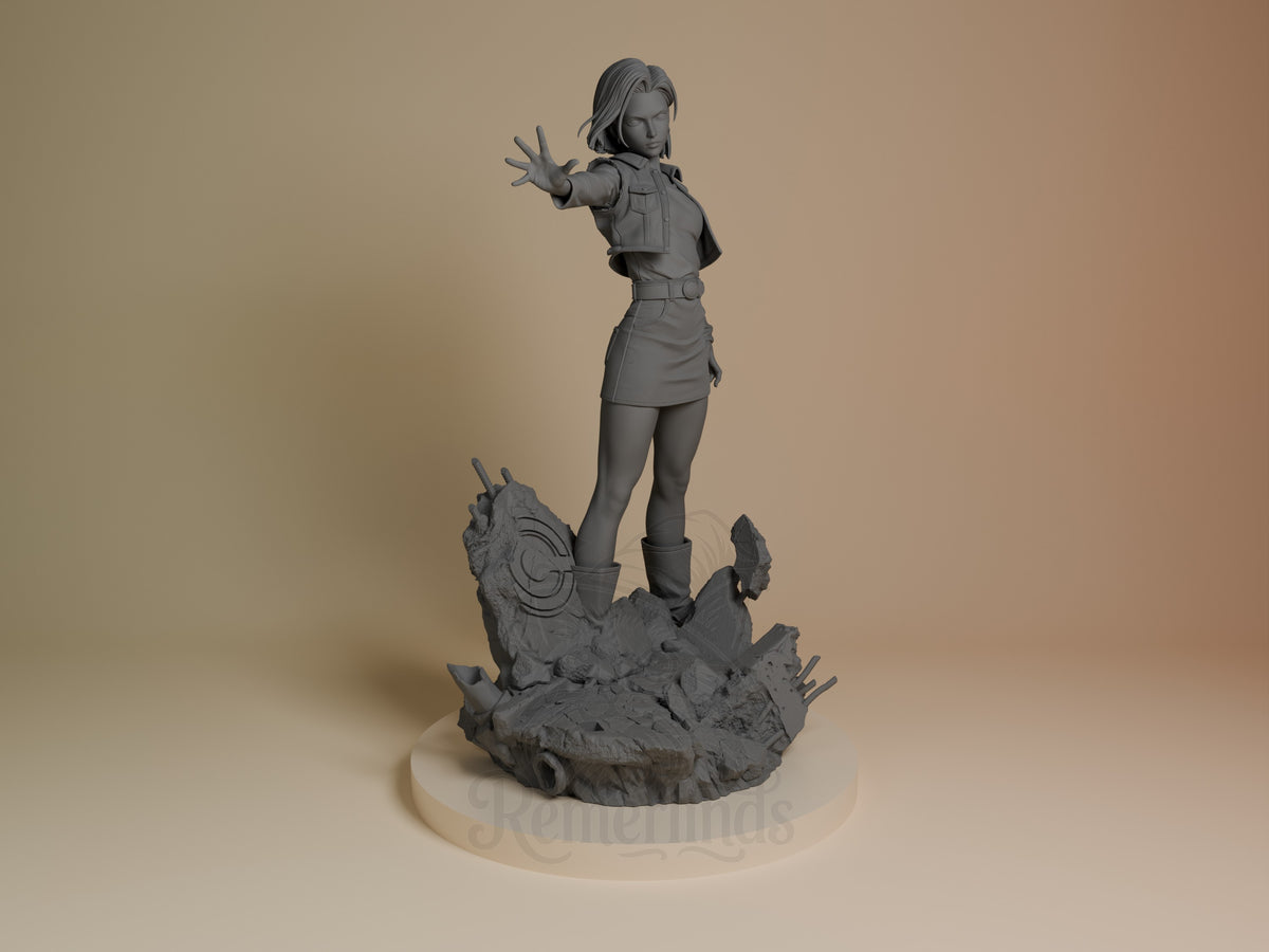 Silver cyborg resin figure standing on rocky base with arm raised, unpainted gray finish, front view angle.