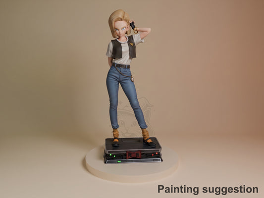 Android 18 resin figure from Dragon Ball Z, posed on illuminated base, wearing black vest and blue jeans, hand to hair, painted with blonde hair and detailed outfit.