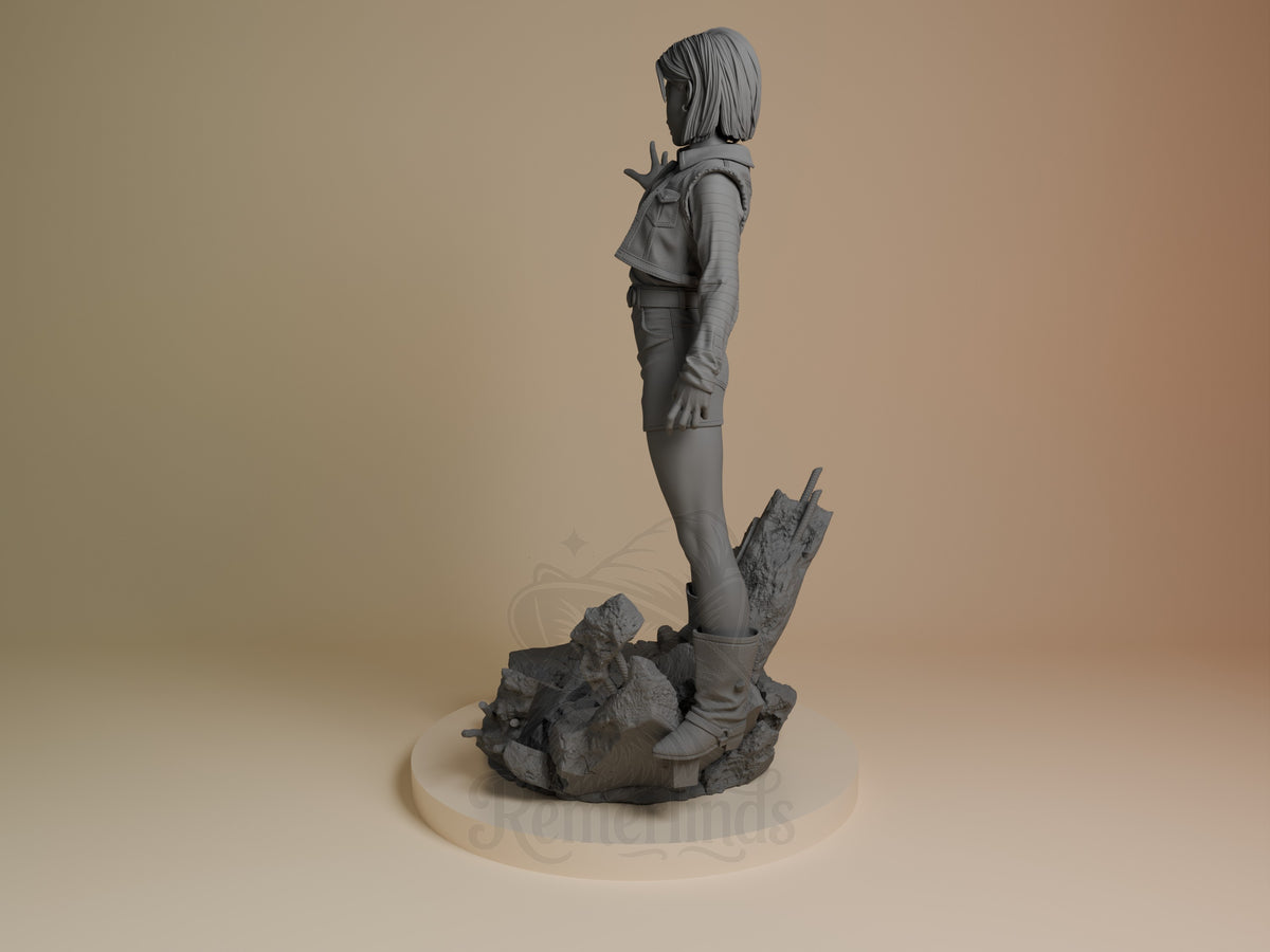 Side-view Silver Cyborg resin figure from Dragon Sphere Y stands unpainted on a rocky sculpted base.