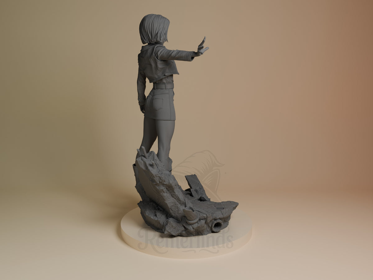 Silver Cyborg from Dragon Sphere Y is an unpainted resin figure viewed from behind, with one arm extended on a rubble base.