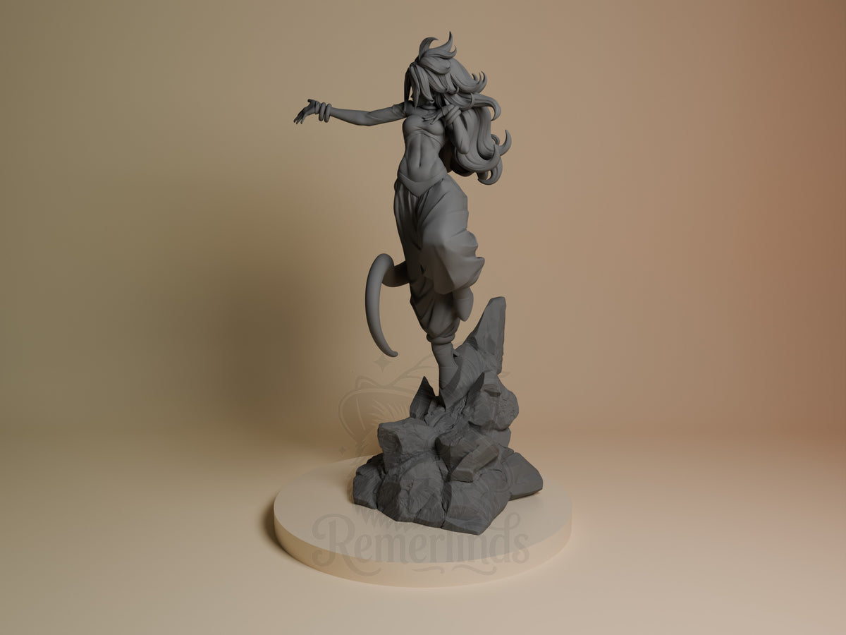 Cyborg Bio Enchantress resin figure from Dragon Sphere Y posed dynamically on rocky base, unpainted gray finish, side angle view.