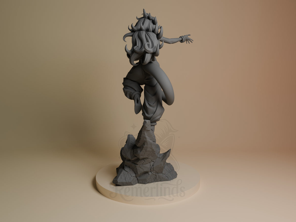 Cyborg Bio Enchantress resin figure from Dragon Sphere Y shown from back, mid-leap pose with arm extended, unpainted gray finish on rocky base.