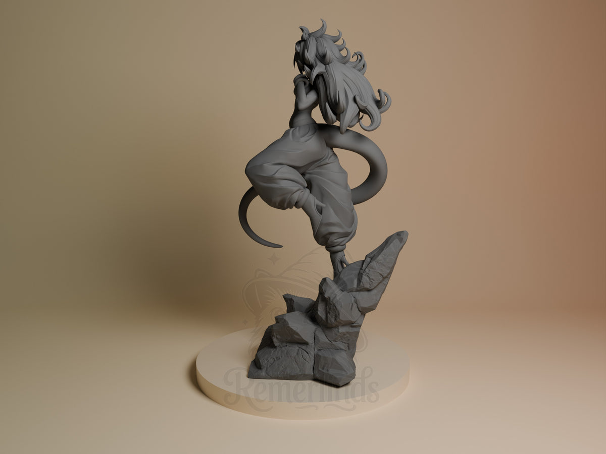 Cyborg Bio Enchantress resin figure from Dragon Sphere Y shown from left angle, unpainted gray, dynamic pose on rocky base.