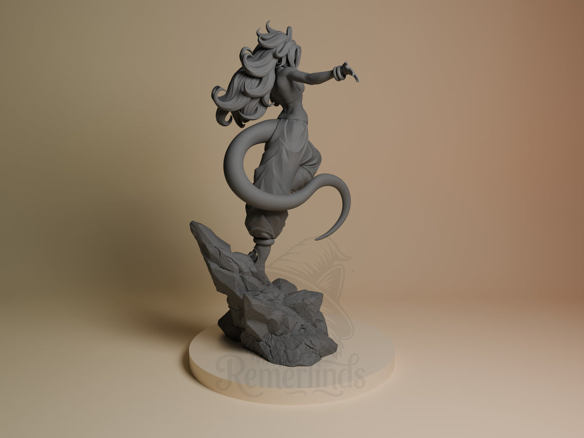 Cyborg Bio Enchantress resin figure from Dragon Sphere Y in right profile, unpainted gray, dynamic pose on rocky base with serpentine tail detail.