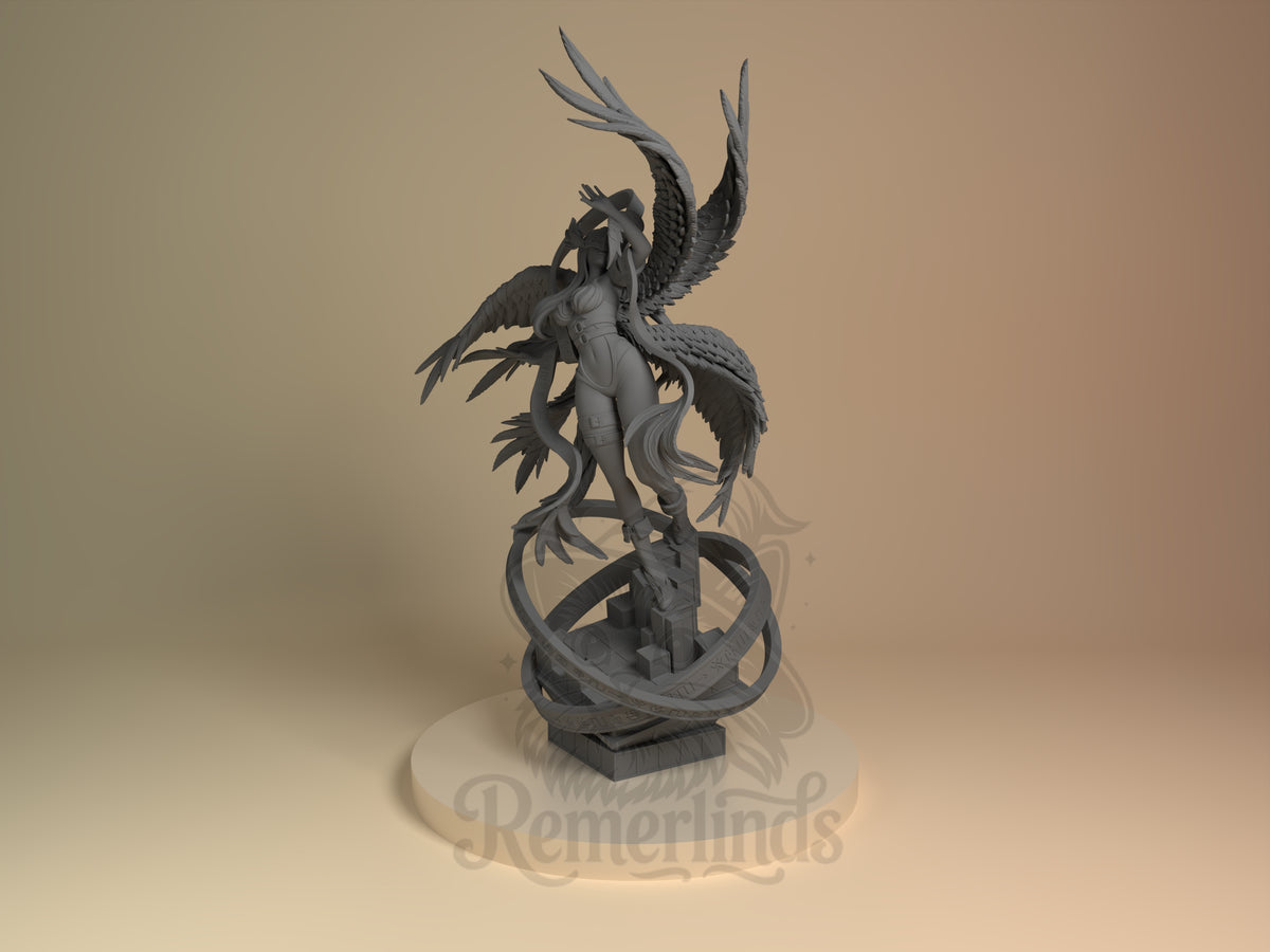 angelic digital guardian Cybermon 3D printed resin figure by Nomnom, unpainted front view. This 3D printed resin miniature of Angewomon depicts the angelic digital guardian in a poised floating stance, emphasizing her celestial and ethereal nature. The elaborate wings and swirling ribbons create a sense of motion and divinity, while the geometric base anchors the figure, adding structure and aesthetic balance.