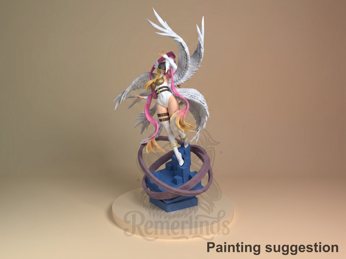 Painted Angewomon from Digimon is a resin figure posed with wings over a blue sculpted base.