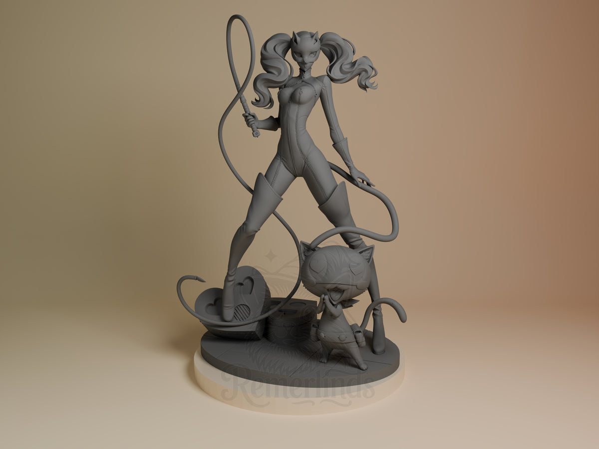 Ann Takamaki from Persona 5 is a front-facing, unpainted resin figure with whip and cat base.
