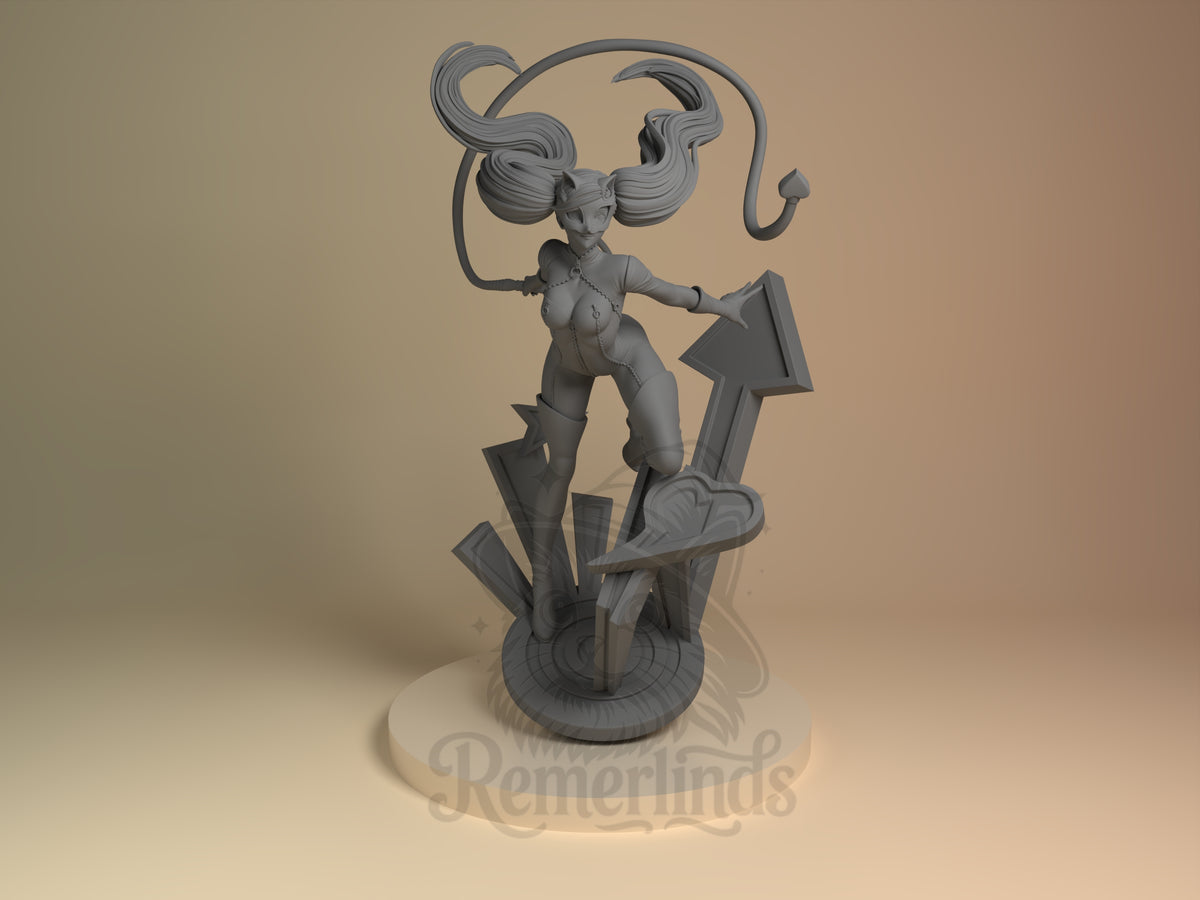 Front view of Ann Takamaki from Persona 5, an unpainted resin figure with arms outstretched on a sculpted base.