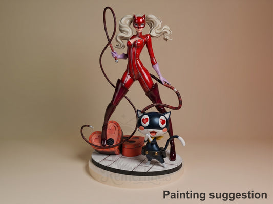 Ann Takamaki resin figure in red and purple outfit, holding whip, posed dynamically on base with Persona cat companion, fully painted.
