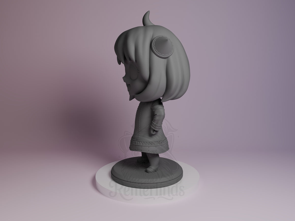 Anya resin Chibi figure from Spy x Family, shown from side angle on circular base, unpainted gray with detailed hair and dress sculpting.