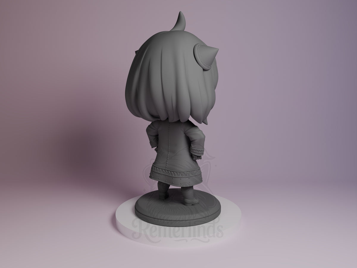Back view of unpainted gray resin Chibi figure of Anya from Spy x Family, showing her voluminous hair and decorative dress hem on circular base.