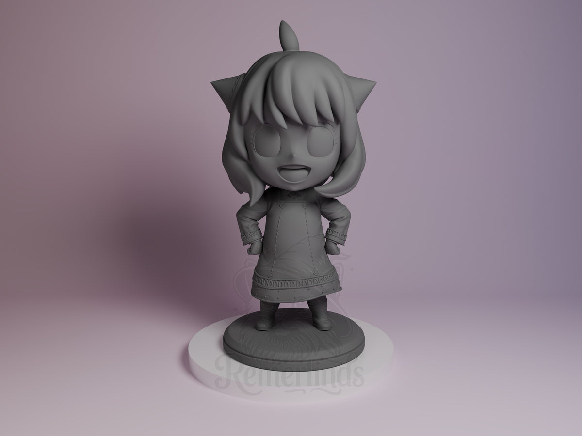Anya from Spy x Family 3D printed resin Chibi figure, front view, standing pose with hands on hips, unpainted gray finish, round base.