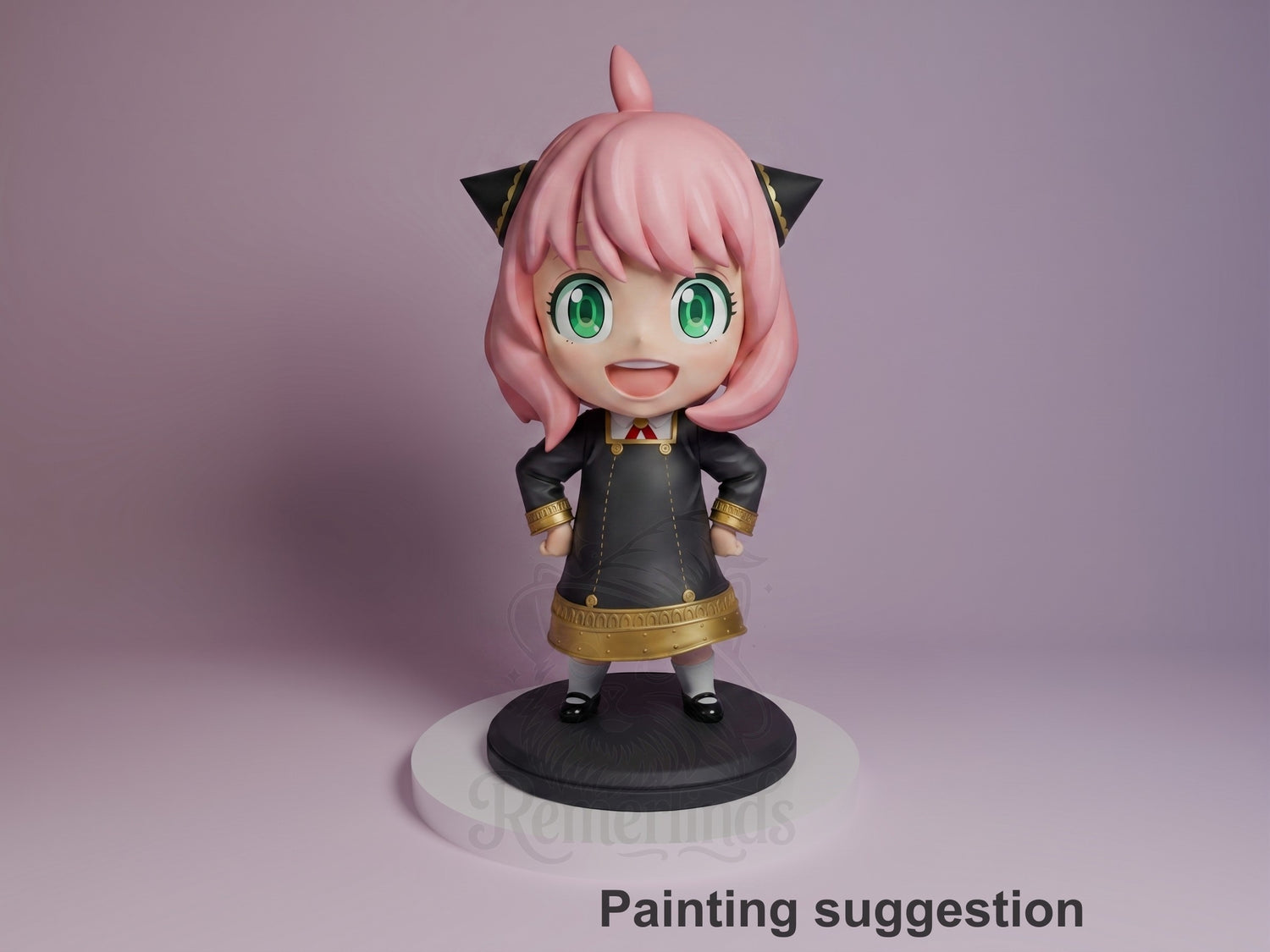 Anya Forger resin Chibi figure from Spy x Family, front view, smiling with green eyes, pink hair, black dress with gold trim, on black base against purple background.