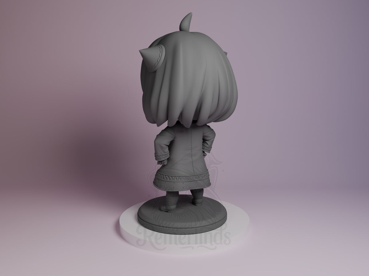 Gray unpainted resin Chibi figure of Anya from Spy x Family, shown from behind on circular base, featuring her distinctive hair and dress details.