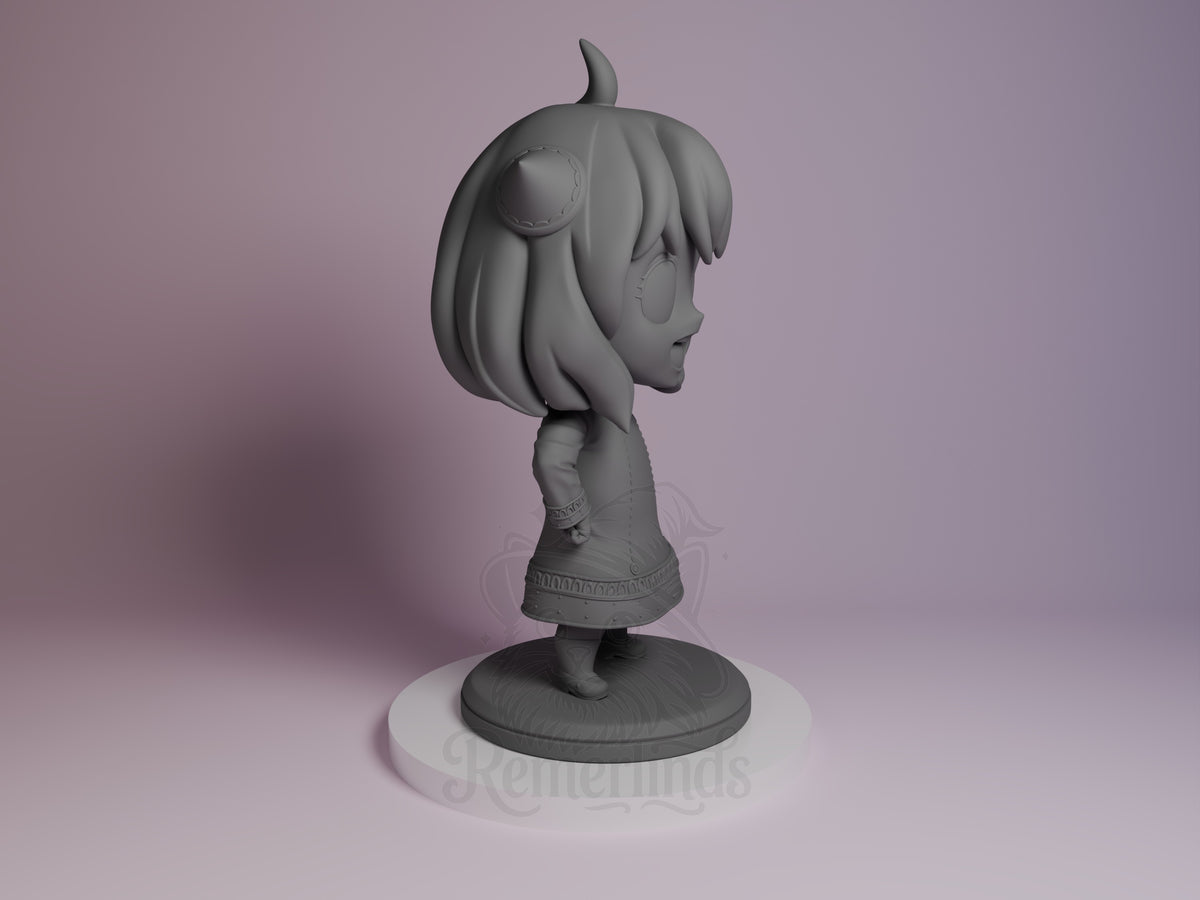 Anya Forger resin Chibi figure shown from right profile, unpainted gray, smiling with characteristic hair and horns, on decorative base.