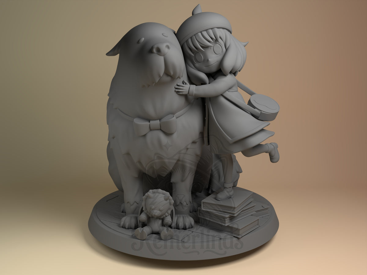 Secret Alliance espionage-family inspired 3D printed resin figure by Nomnom, unpainted front view. The 3D printed resin miniature depicts a small character posing affectionately hugging a large dog. The character stands on one leg, leaning towards the dog with arms wrapped around it, while a round bag hangs on their shoulder. The detailed base includes a stack of books and a small plush toy, enhancing the espionage-family theme in a warm and playful composition.