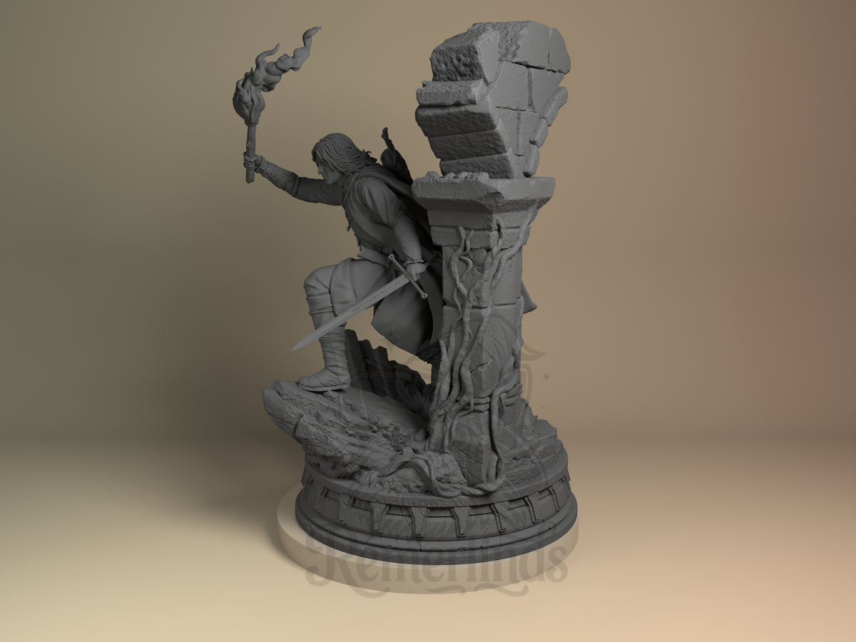 Aragorn Legendary Ring Saga 3D printed resin figure by Nomnom, angled view showing dimensional details.