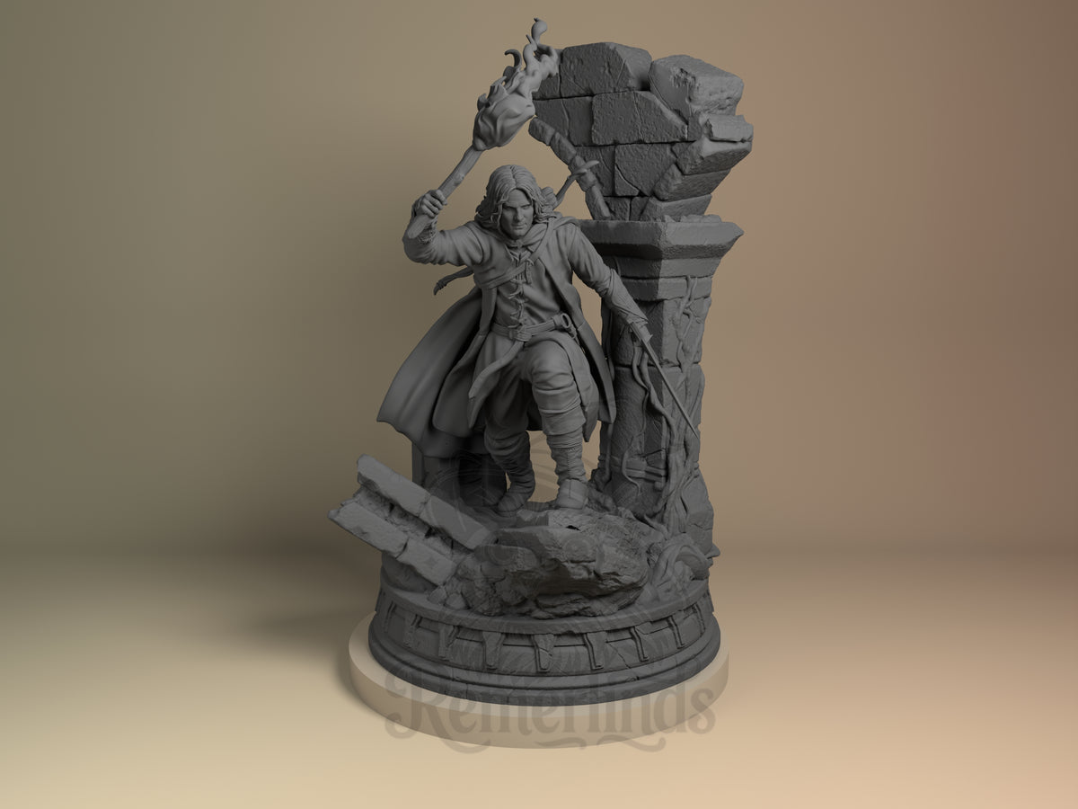 Aragorn Legendary Ring Saga 3D printed resin figure by Nomnom, unpainted front view. The miniature figure depicts Aragorn in an action-ready stance, stepping forward with a raised torch illuminating his path and a sword sheathed at his side. He wears a detailed cape that flows behind him, long hair, and rugged clothing befitting a ranger or warrior. The base is intricately detailed with broken stones, a crumbling pillar entwined with woody vines, enhancing the atmospheric and adventurous feel of the piece.