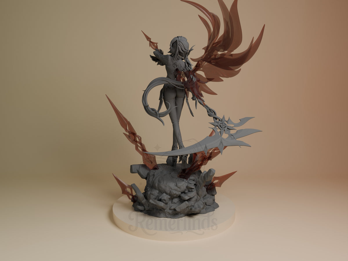 Arlecchino from Genshin Impact is a mostly unpainted resin figure viewed from behind on a sculpted base.