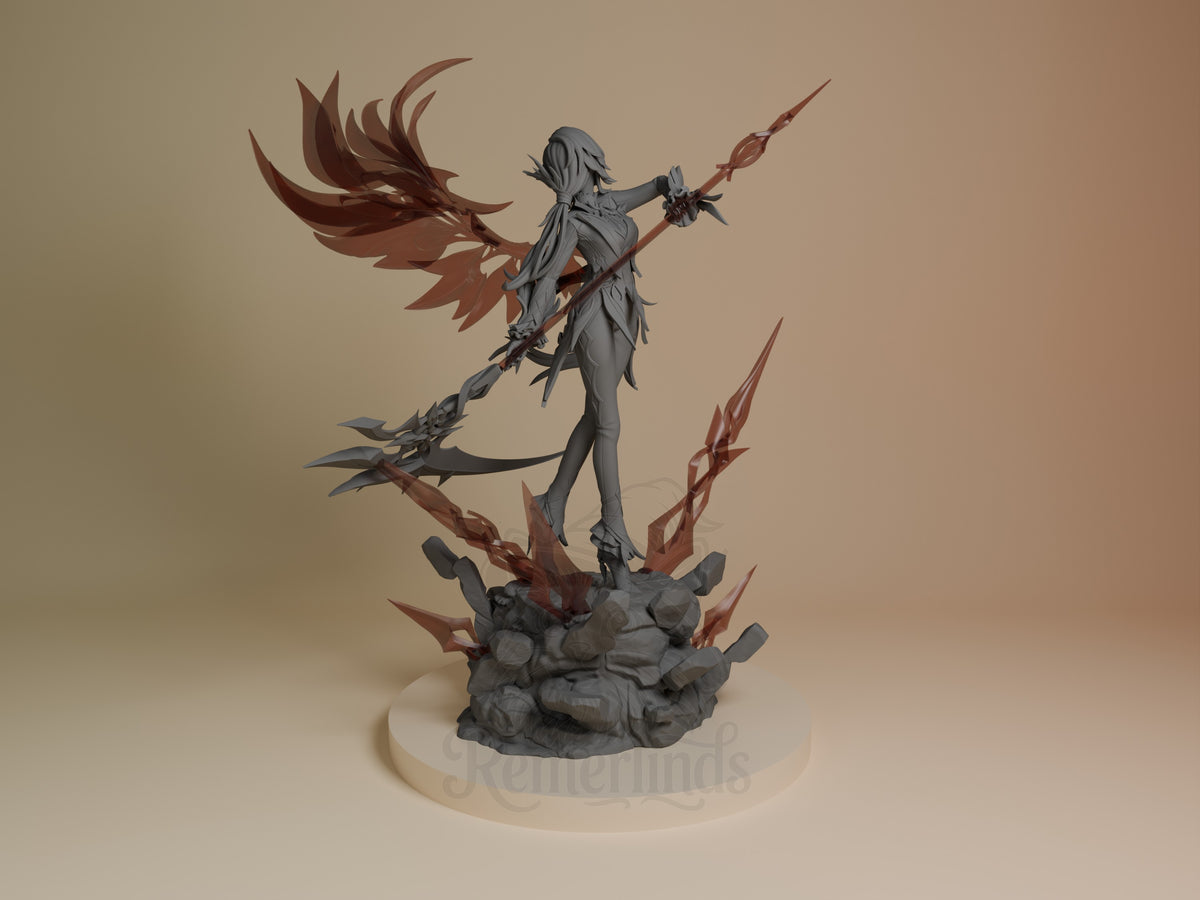Back view of Arlecchino from Genshin Impact, a partly painted resin figure on a rocky base.
