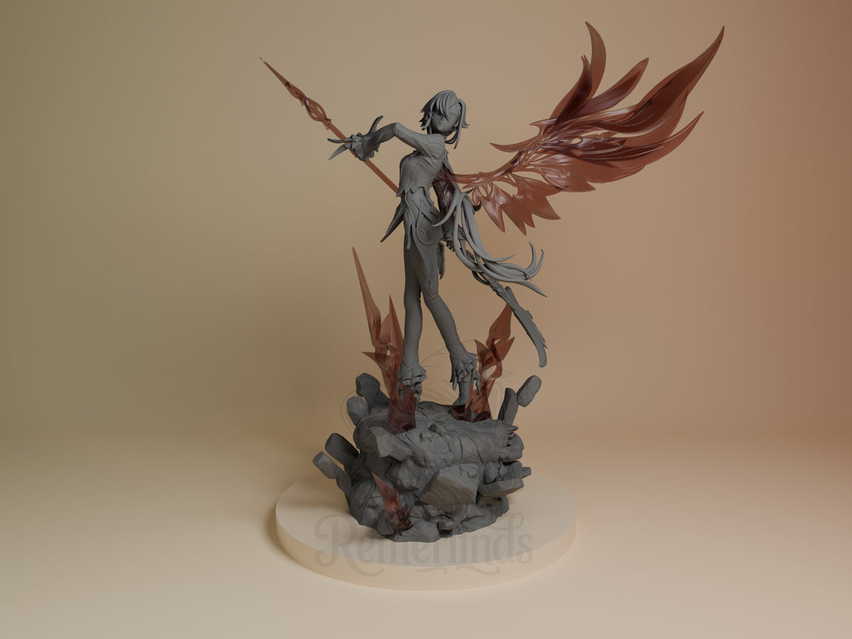 Front-view mostly unpainted resin figure of Arlecchino from Genshin Impact holds a spear above a rocky sculpted base.