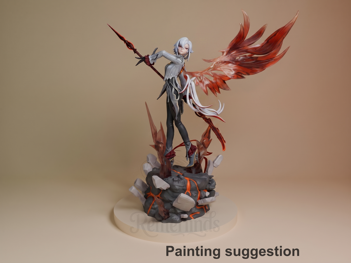 Painted Arlecchino from Genshin Impact resin figure shows wings, polearm, and a lava-rock base.