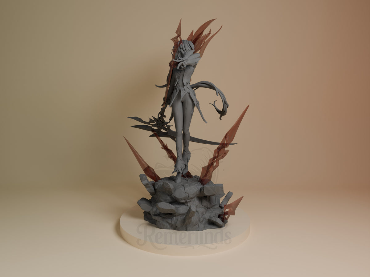 Arlecchino from Genshin Impact stands rear-facing on a sculpted base as an unpainted resin figure.