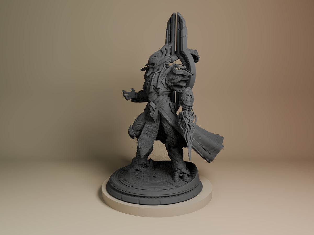 Artanis from Starcraft II appears in a dynamic side angle as an unpainted resin figure on a sculpted base.