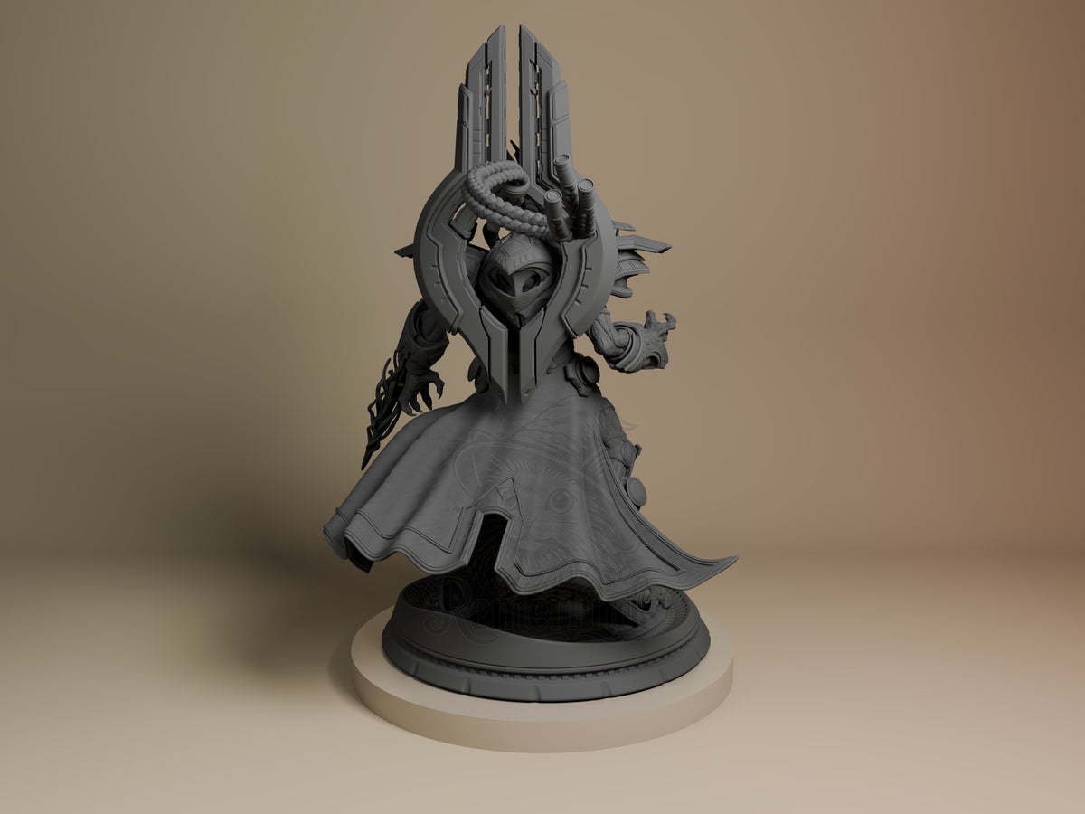 Unpainted back view of Artanis from Starcraft II resin figure, cloak, armor, and sculpted base.