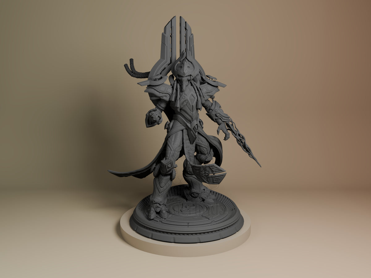 Artanis from Starcraft II appears as an unpainted resin figure, front-facing on a sculpted base.