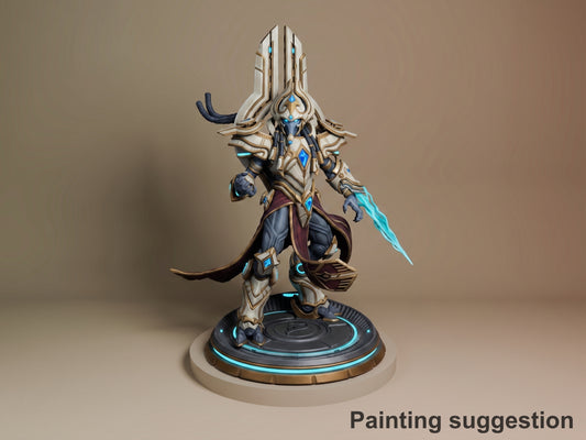 Artanis resin figure from StarCraft II painted in cream, blue, and gold armor, holding an energy blade, standing on illuminated base.